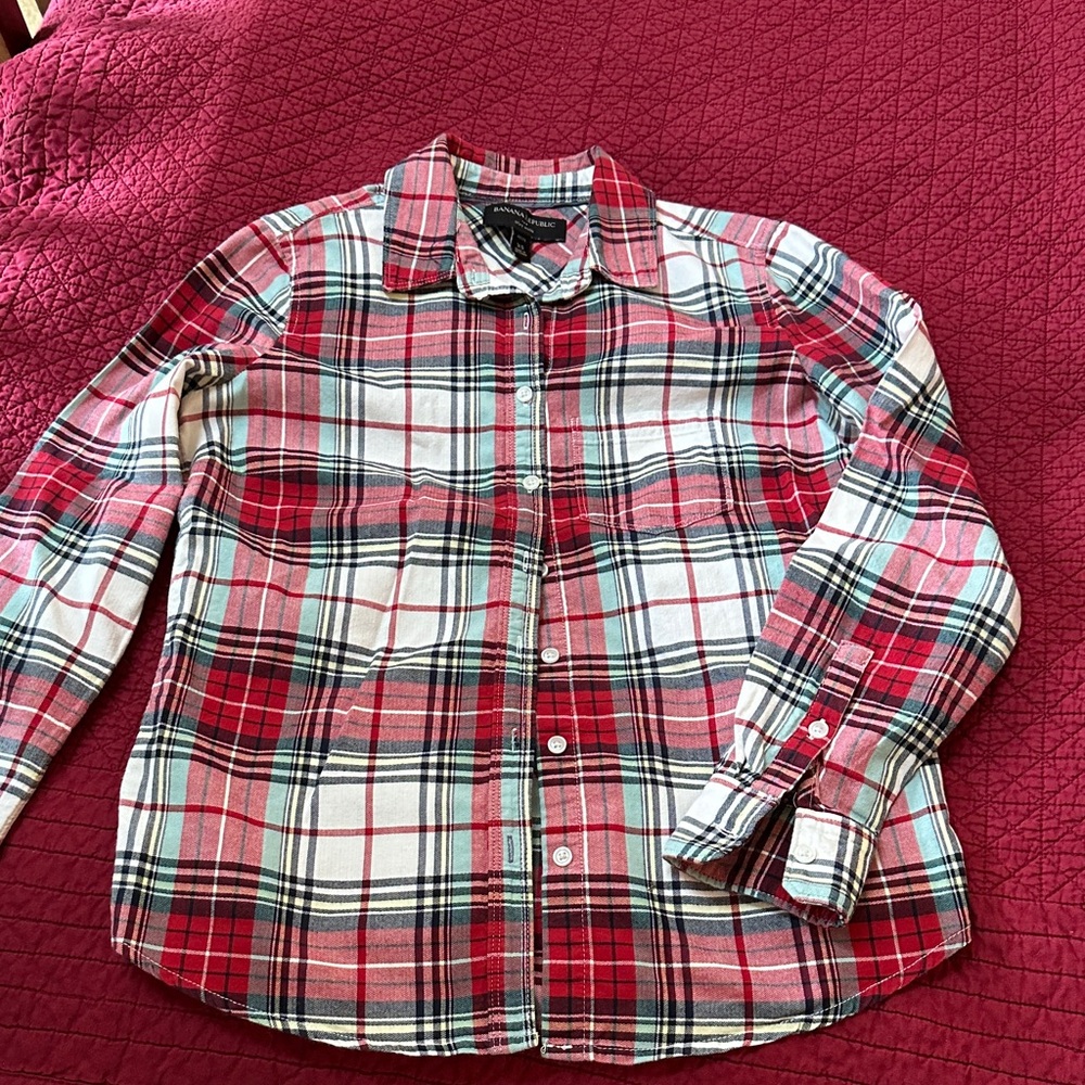 Banana Republic Red and White Plaid Shirt, Womens extra small